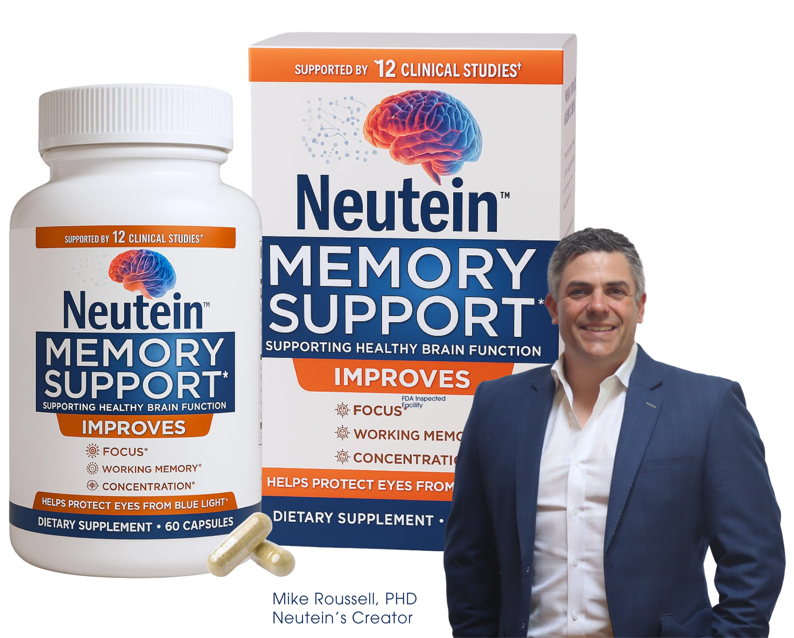 Neutein Memory Support bottle and box with creator Mike Roussell, PhD